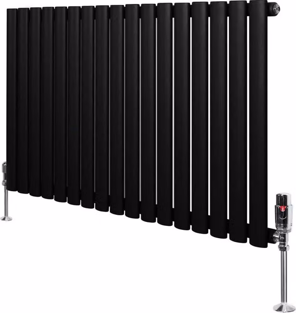Radiatore Orizzontale Ovale Monstershop in Acciaio Nero con Valvola Termostatica e Staffa a Parete L: 102 cm, H: 60 cm