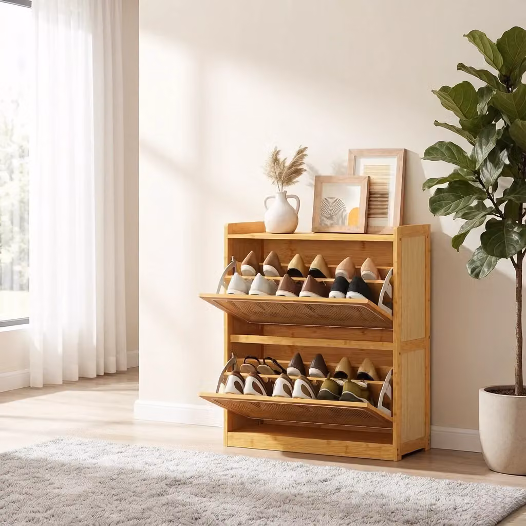 Scarpiera REDOM in bambù naturale color beige con 2 ante ribaltabili, L: 69 cm, P: 29 cm, H: 83 cm – 2