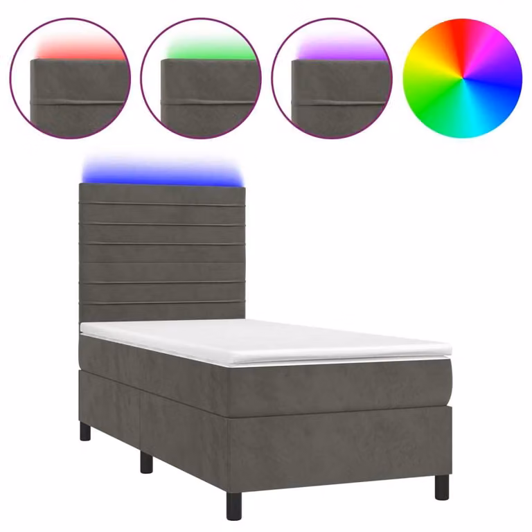 Letto a Molle con Materasso e LED Grigio Scuro 90x190cm Velluto