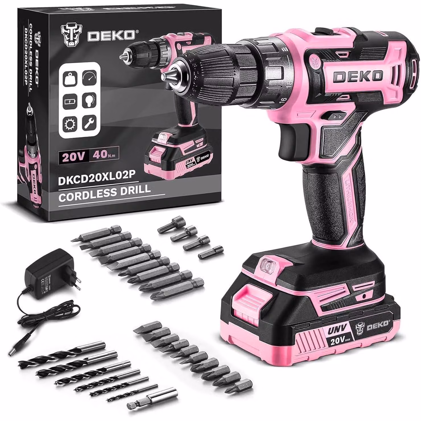 Set di avvitatori a batteria da 20V, 30 pezzi, con trapano a percussione, coppia di 40 Nm, inclusi batteria e caricabatterie, colore rosa