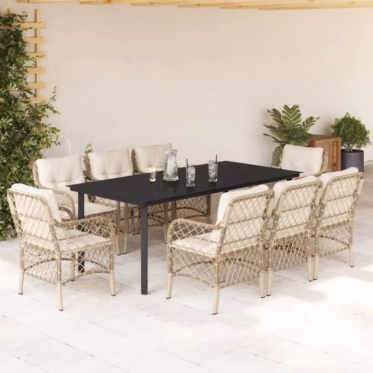 Set da pranzo da giardino vidaXL in polyrattan con cuscini beige e piano in vetro per 9 persone