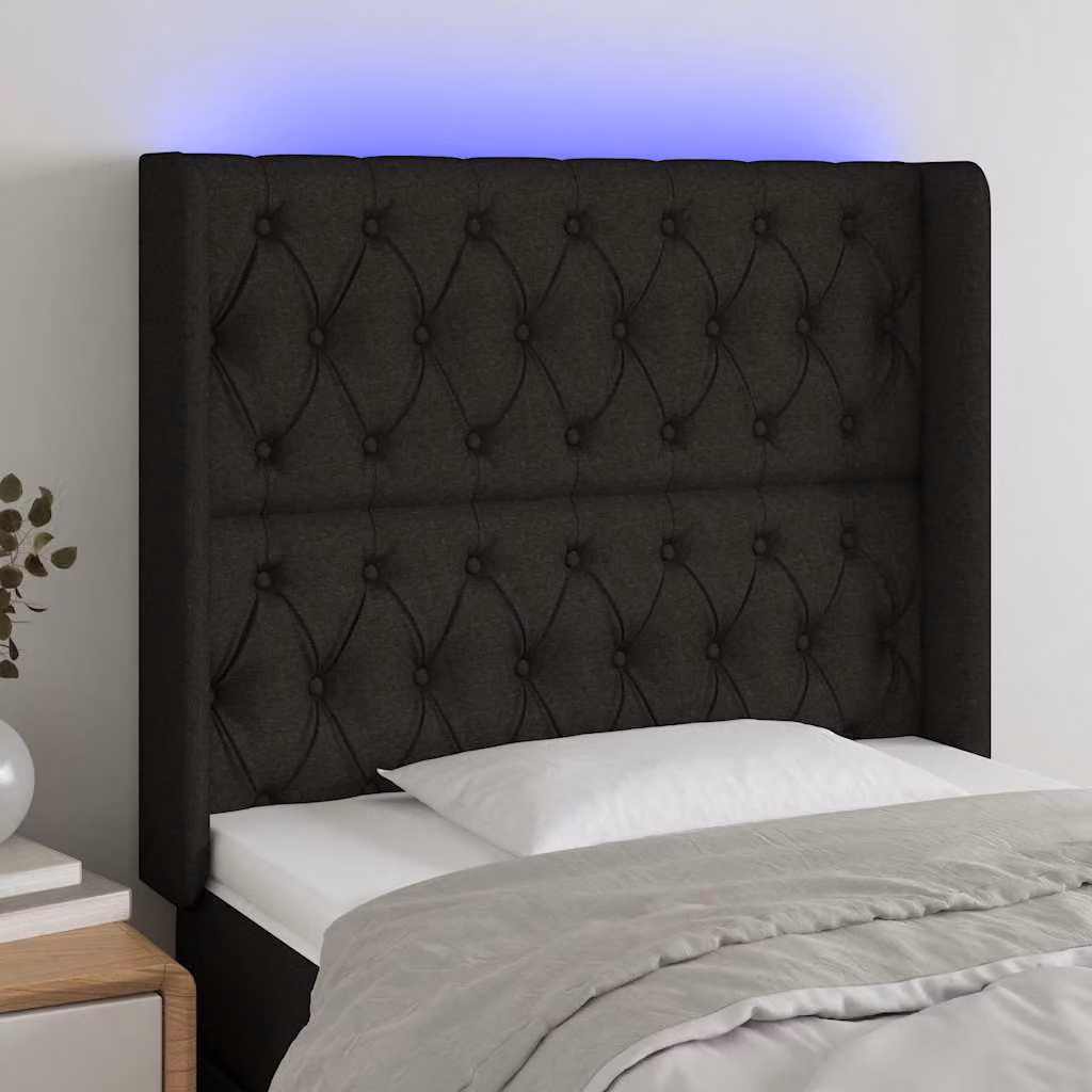 Testiera per letto vidaXL in tessuto nero con illuminazione LED e porta di ricarica USB, L: 103 cm, P: 16 cm, H: 118-128 cm