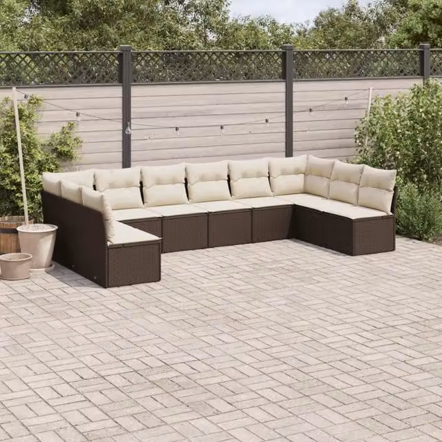 Set Divani da Giardino 10pz con Cuscini in Polyrattan Marrone 3249932