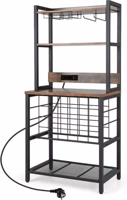 Mobile bar vino con 4 ripiani porta calici porte USB prese struttura in metallo-Portabottiglie industriale Marrone