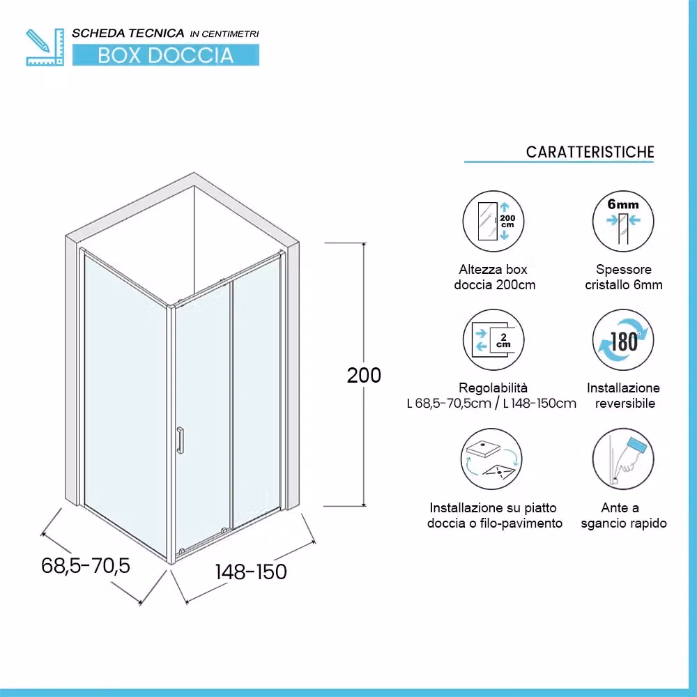 Box doccia angolare INBAGNO con porta scorrevole in vetro trasparente, L: 150 cm, P: 70 cm, H: 200 cm – 2