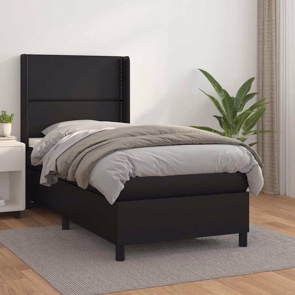 vidaXL Giroletto a Molle con Materasso in Similpelle Nero, L/P/H: 90 x 190 x 128 cm – 1