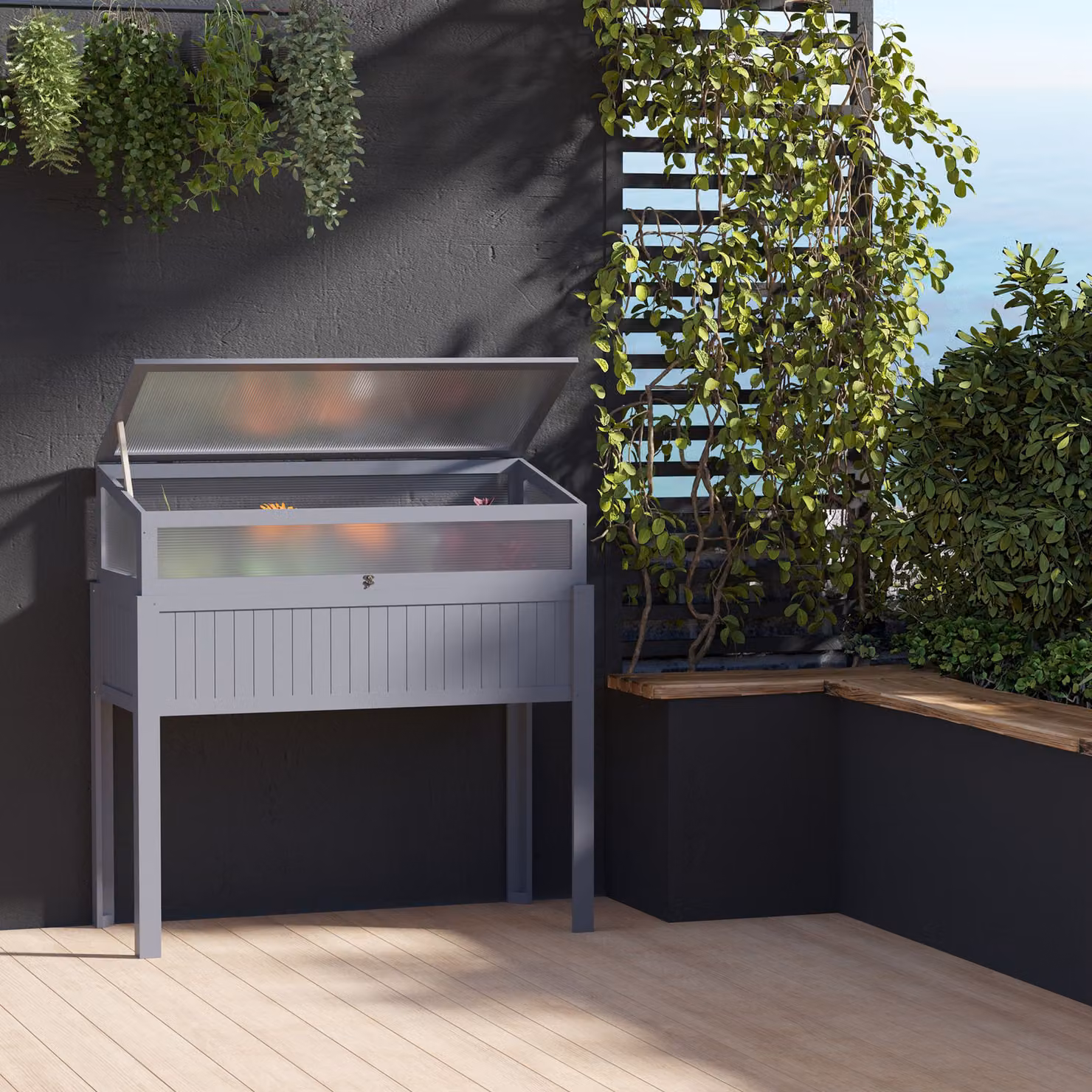 Letto rialzato in legno con serra 2-in-1 Outsunny, grigio, con copertura in policarbonato, L: 120 cm, P: 54 cm, H: 112/122 cm – 2