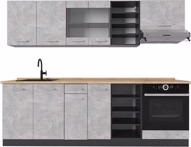 Cucina componibile moderna Vicco R-Line in antracite e rovere con ante in vetro e scaffali aperti L: 240 cm