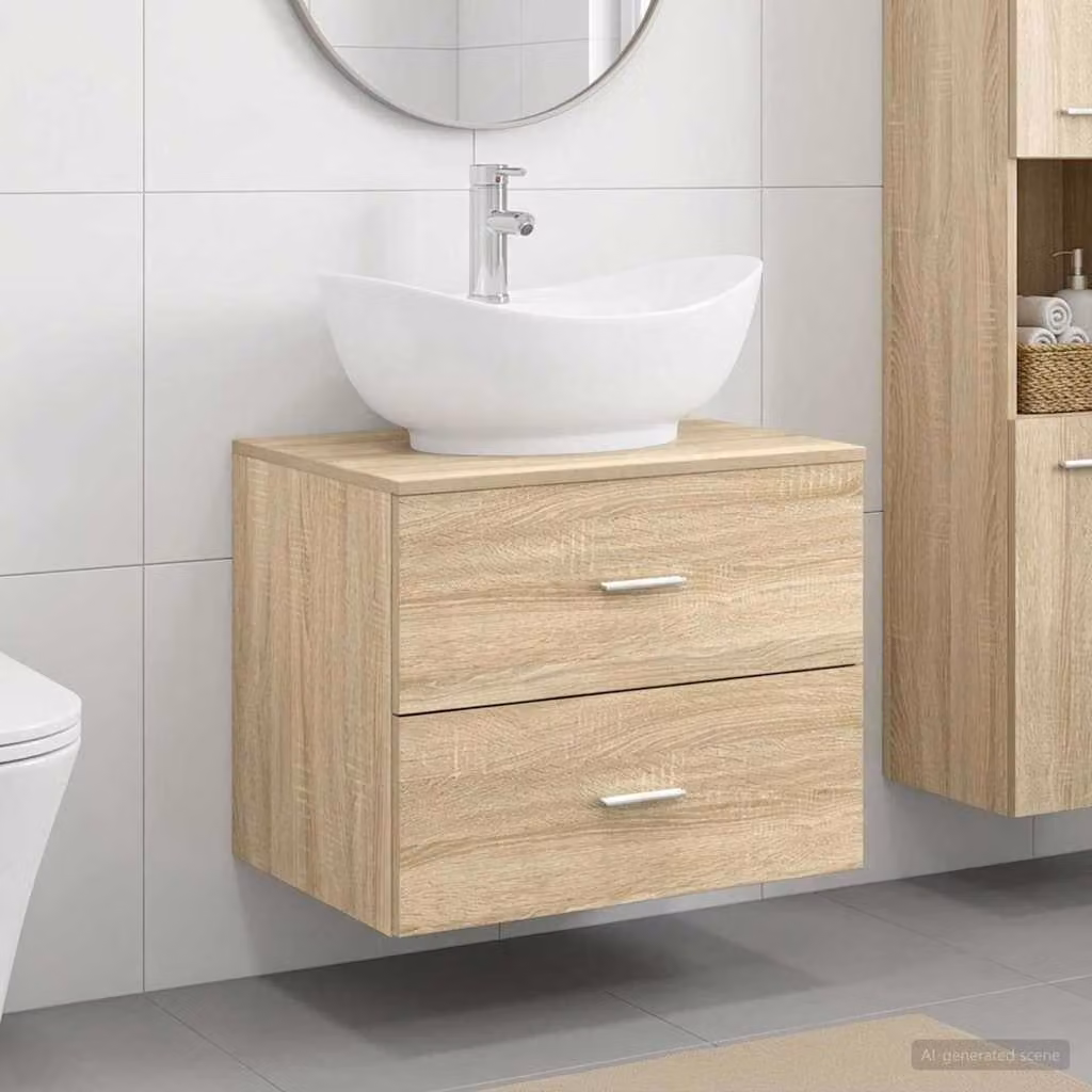 Set di mobili per il bagno moderno vidaXL in legno MDF marrone con vano lavabo e cassetti sospesi