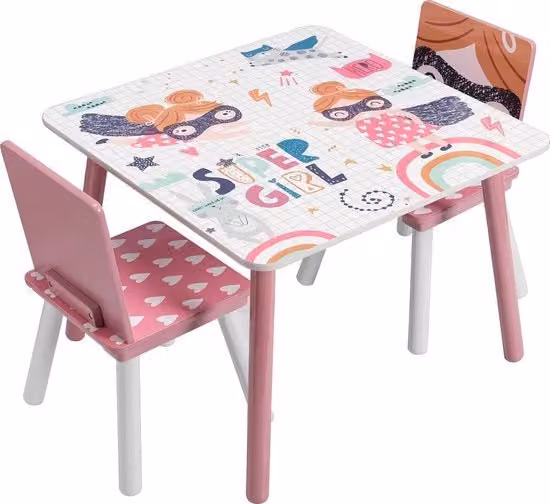 Tavolo per Bambini e 2 Sedie - Mobili per Bambini, Tavolo, Piccola Tavola - Per Allattatoio, Prescuola e Bambini - Legno - Rosa / Super Eroe Print