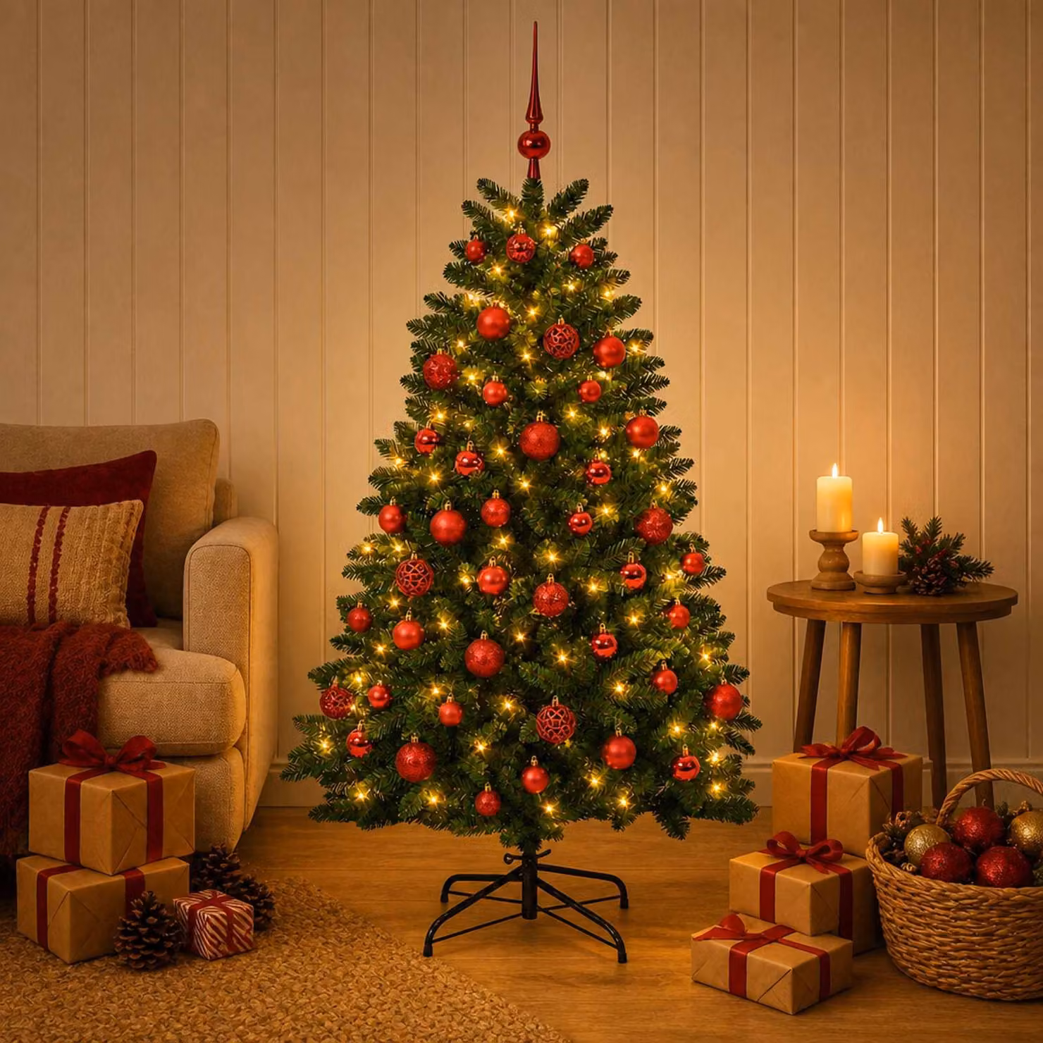 Albero di Natale artificiale, colore verde medio, con decorazioni a palline, altezza 150 cm