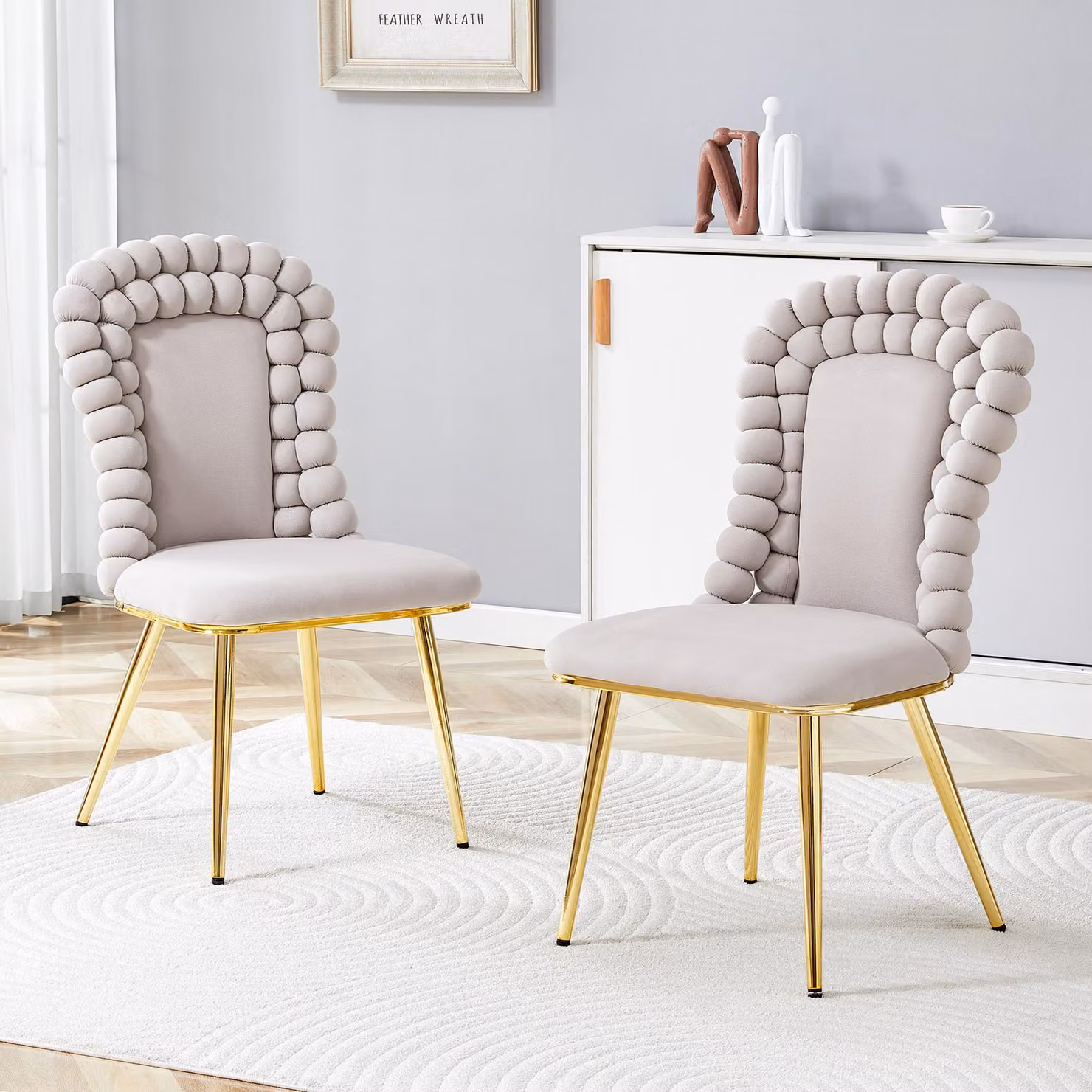 Set di 2 sedie da pranzo MODFU, sedia da cucina in velluto, poltrona relax con schienale a catena e gambe in metallo dorato, ideale per la sala da pranzo, colore grigio chiaro