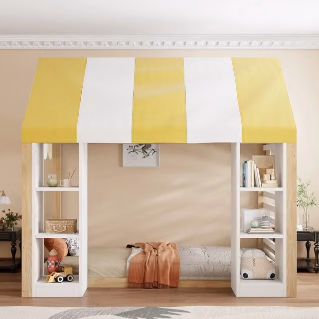 Letto per bambini 90 × 200 cm con baldacchino e 2 vani aperti, senza materasso, in legno, bianco e naturale