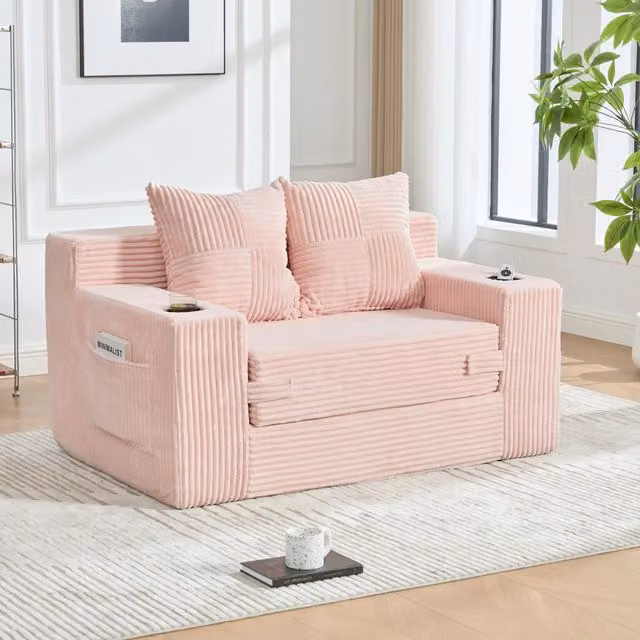 Divano pouf 151x133x64 cm con tasche laterali in velluto a coste rosa