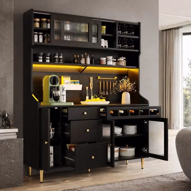 Mobile colonna da cucina Mivray nero con ante in vetro, illuminazione LED integrata e portabottiglie, L/P/H: 145 x 39 x 171 cm – 1