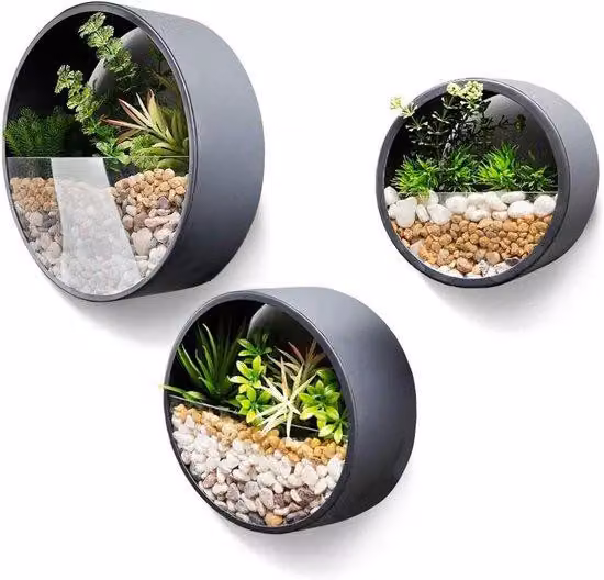 Set di tre ganci metallici rotondi da parete - Vaso decorativo sospeso per piante da appartamento - Cestino da parete grigio, spessore 10 cm