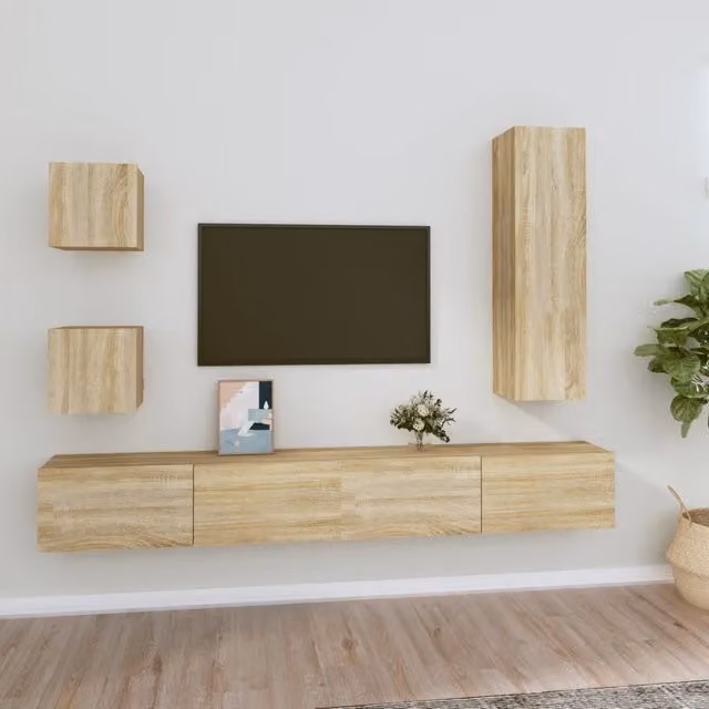 Set di mobili porta TV da parete vidaXL in legno color rovere e beige per soggiorno – 1