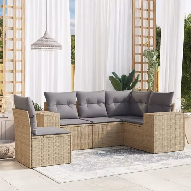 Set Divano da Giardino 5 pz con Cuscini-Sofa da Giardino-Divanetto da esterno Beige in Polyrattan 608960