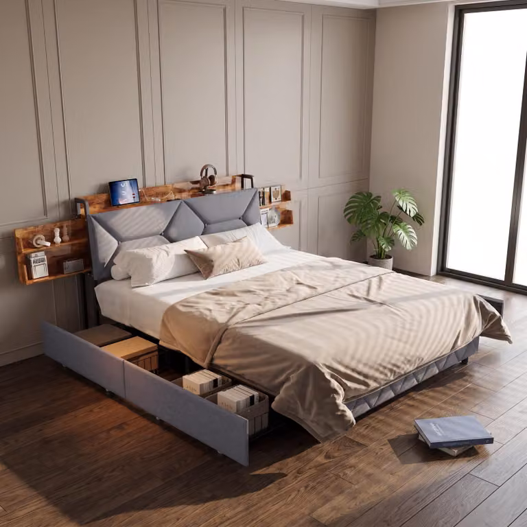 Letto imbottito INONEFT, 160 x 200 cm, letto matrimoniale con 4 cassetti e rete a doghe, letto per adulti con porta USB e spazio contenitivo nella testiera, tessuto in lino, colore grigio