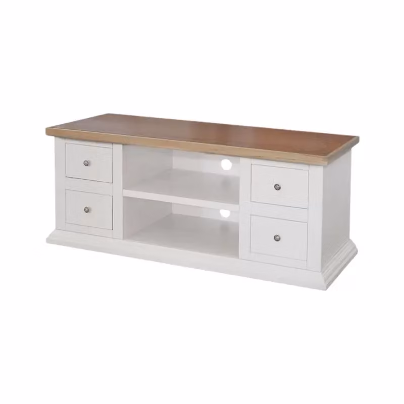 Porta TV Mobili 2G in stile shabby chic bianco e legno naturale con 4 cassetti e 2 vani a giorno L/P/H: 120 x 50 x 53 cm