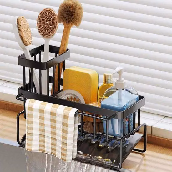 Organizzatore per lavello Ibbenzoa® con sistema di scarico automatico, 3 scomparti, portaspugna e portaspazzole, barra portasciugamani in metallo, dimensioni 23,5×9×16,5 cm, colore nero, acciaio inossidabile, da montare a parete o sul piano di lavoro