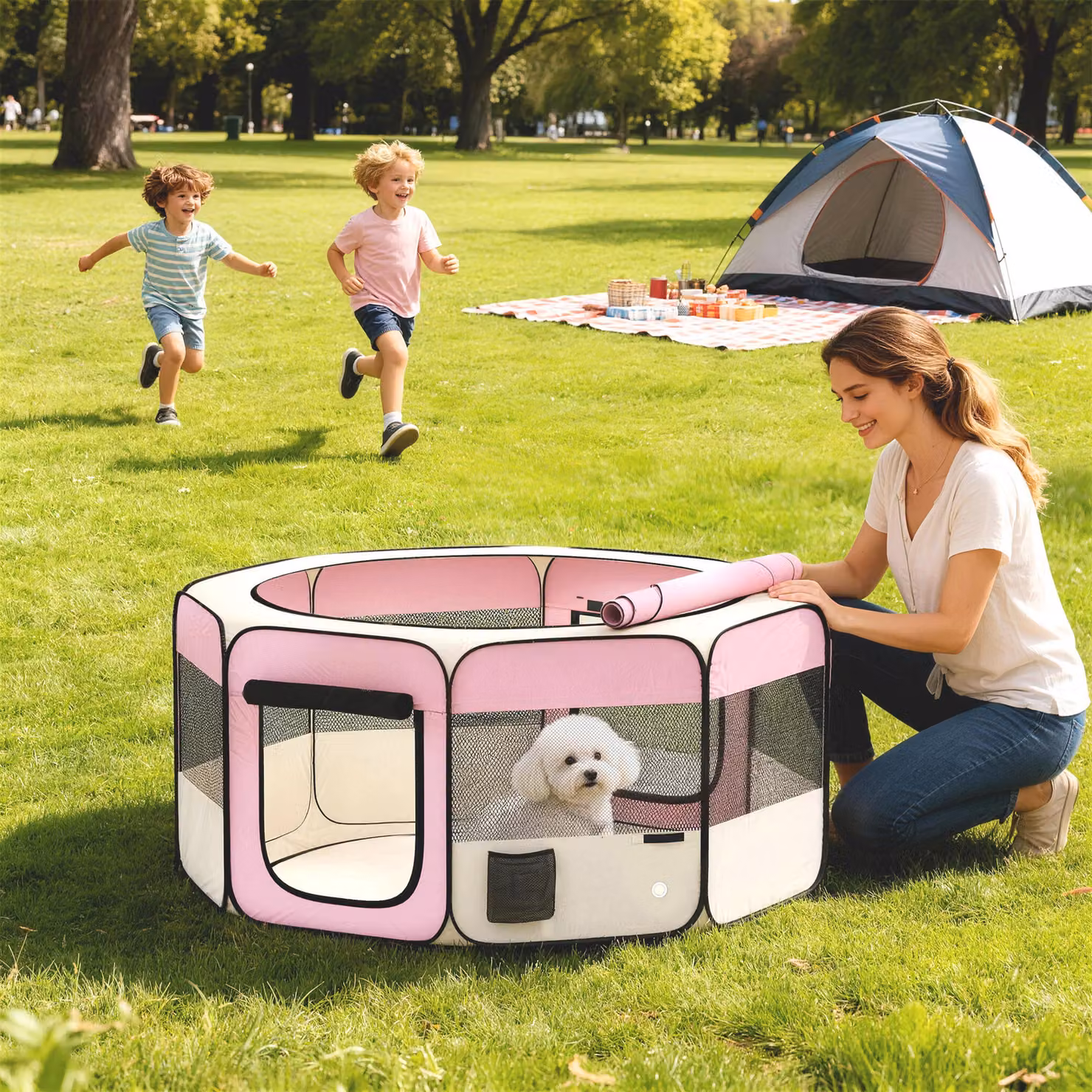 Recinto pieghevole PawHut per cani e gatti in tessuto Oxford impermeabile, rosa, Ø 120 x H 58 cm – 2