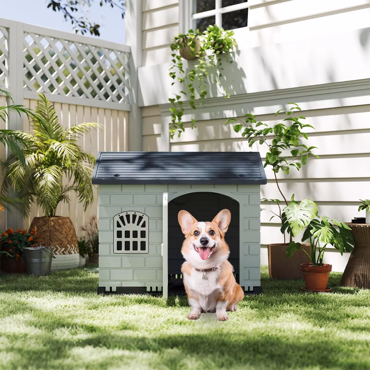 Cuccia per cani Costway in plastica impermeabile con pavimento rialzato, Grigio scuro
