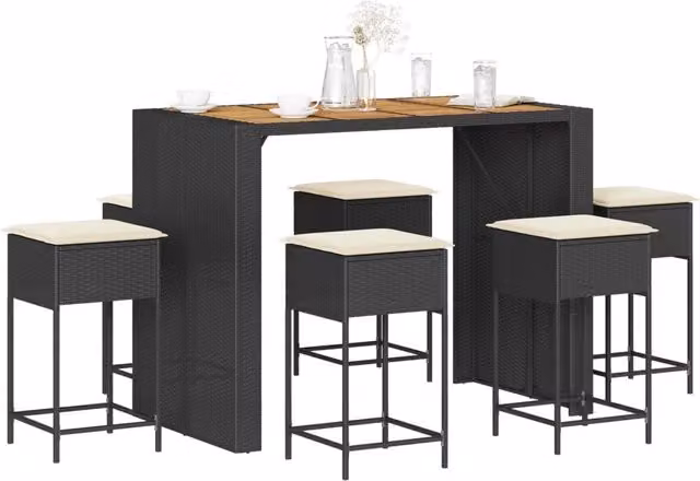 Set Bar da Giardino 7 pz con Cuscini in Polyrattan Nero 3261517