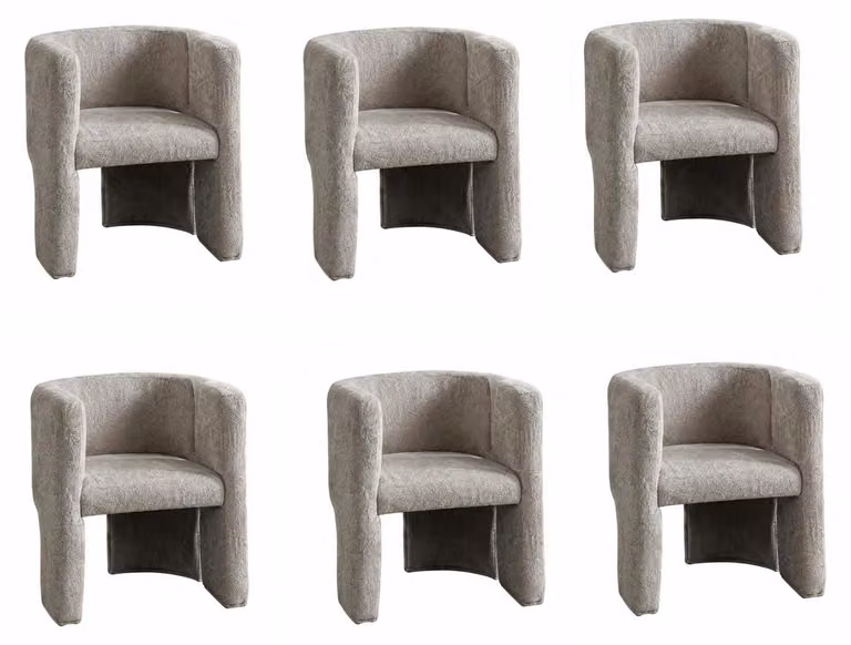 Set di sedie beige, composto da 6 sedie, con struttura in tessuto, ideali per la sala da pranzo. Sedie imbottite