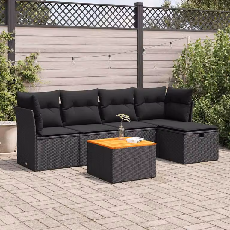 Set Divano da Giardino vidaXL 6 pz in Polyrattan Nero con Cuscini e Tavolino da Esterno a Forma di L