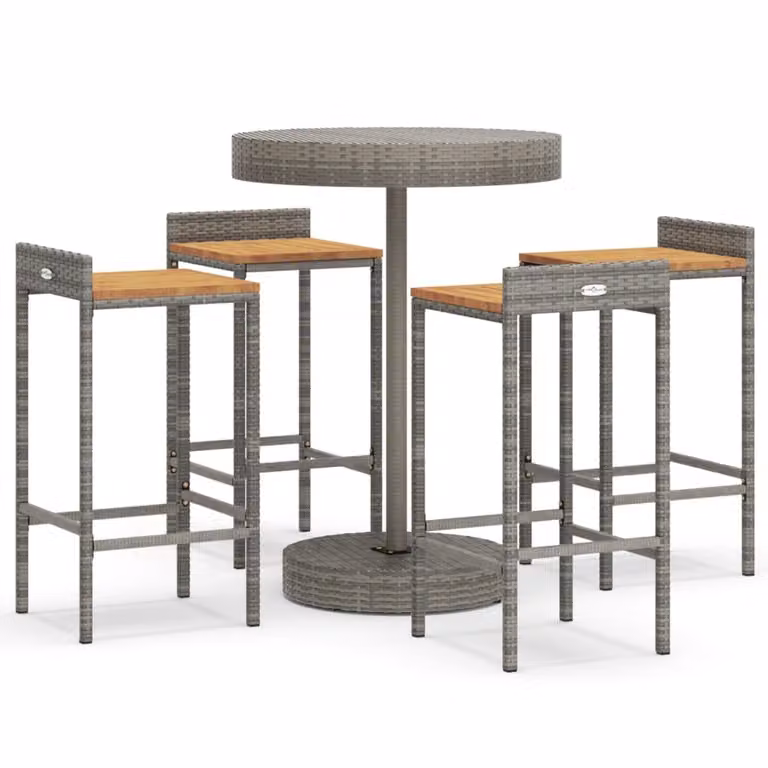 Set Bar Giardino 5pz Grigio Polyrattan e Legno Massello Acacia