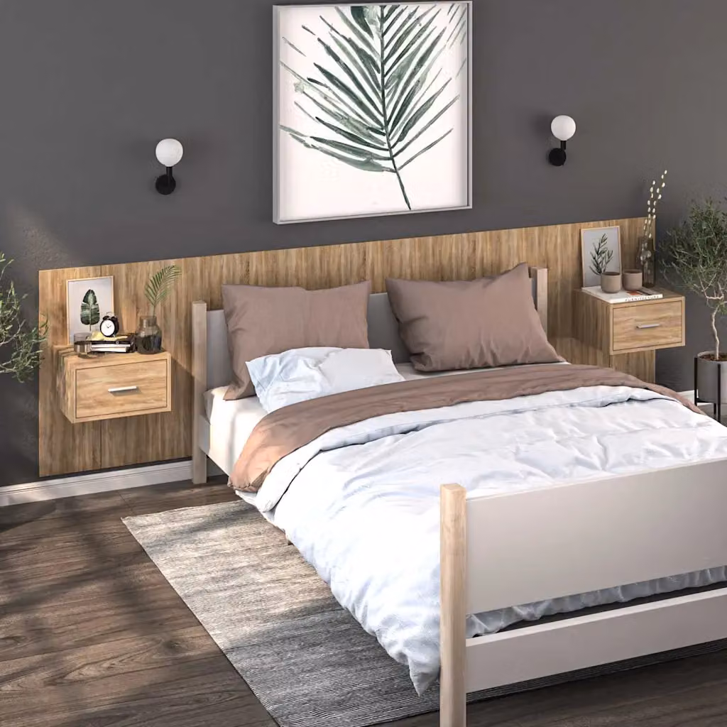 Set di 2 comodini da muro vidaXL in stile moderno, colore Rovere Sonoma, L: 48,5 cm, P: 32,5 cm, H: 80 cm