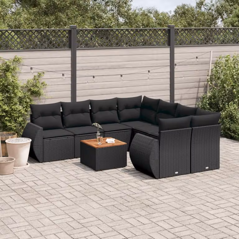 Set di Divani da Giardino vidaXL 9 pz in Polyrattan Nero con Cuscini e Tavolino da Esterno a Forma di L
