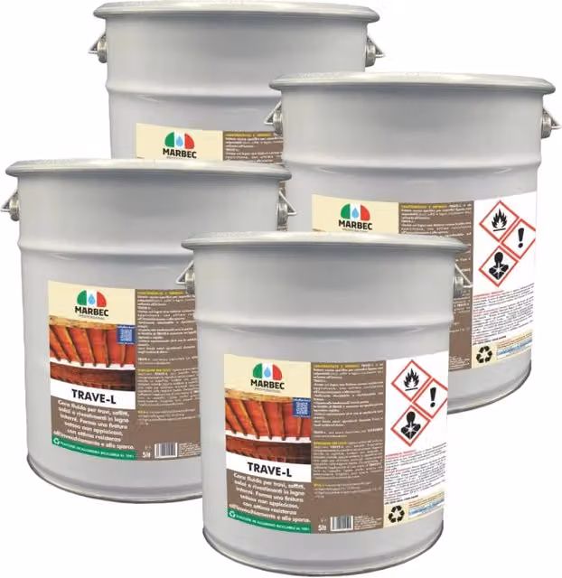 Finitore ceroso Marbec TRAVE-L trasparente satinato per travi e rivestimenti in legno confezione da 4 x 5 l