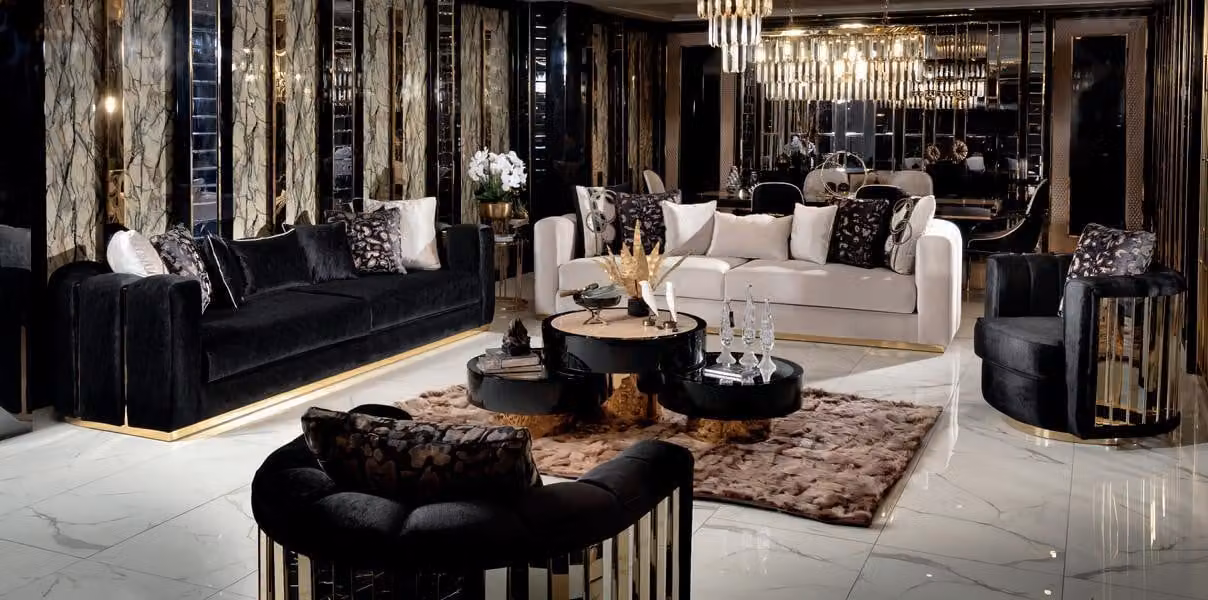 Schwarzes Sofa Set 5-teilig mit Kissen, Modern, 3-Sitzer und Sessel