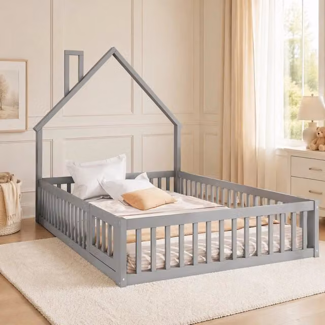 Letto per bambini 140x200 cm con sponde di sicurezza a forma di camino, struttura in legno di pino e MDF grigia, con rete a doghe senza materasso