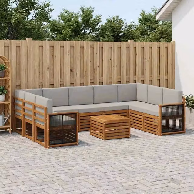Set di divani da esterno vidaXL in legno di acacia con cuscini beige e grigio chiaro