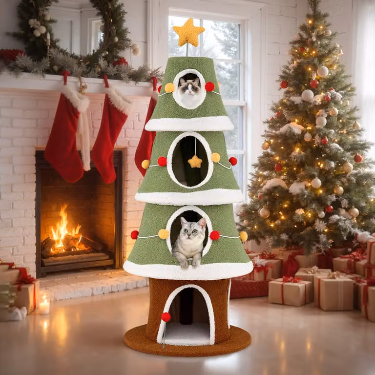 Albero di Natale per gatti Costway verde con 4 condomini, giochi integrati e tappeto in sisal, Altezza: 154 cm