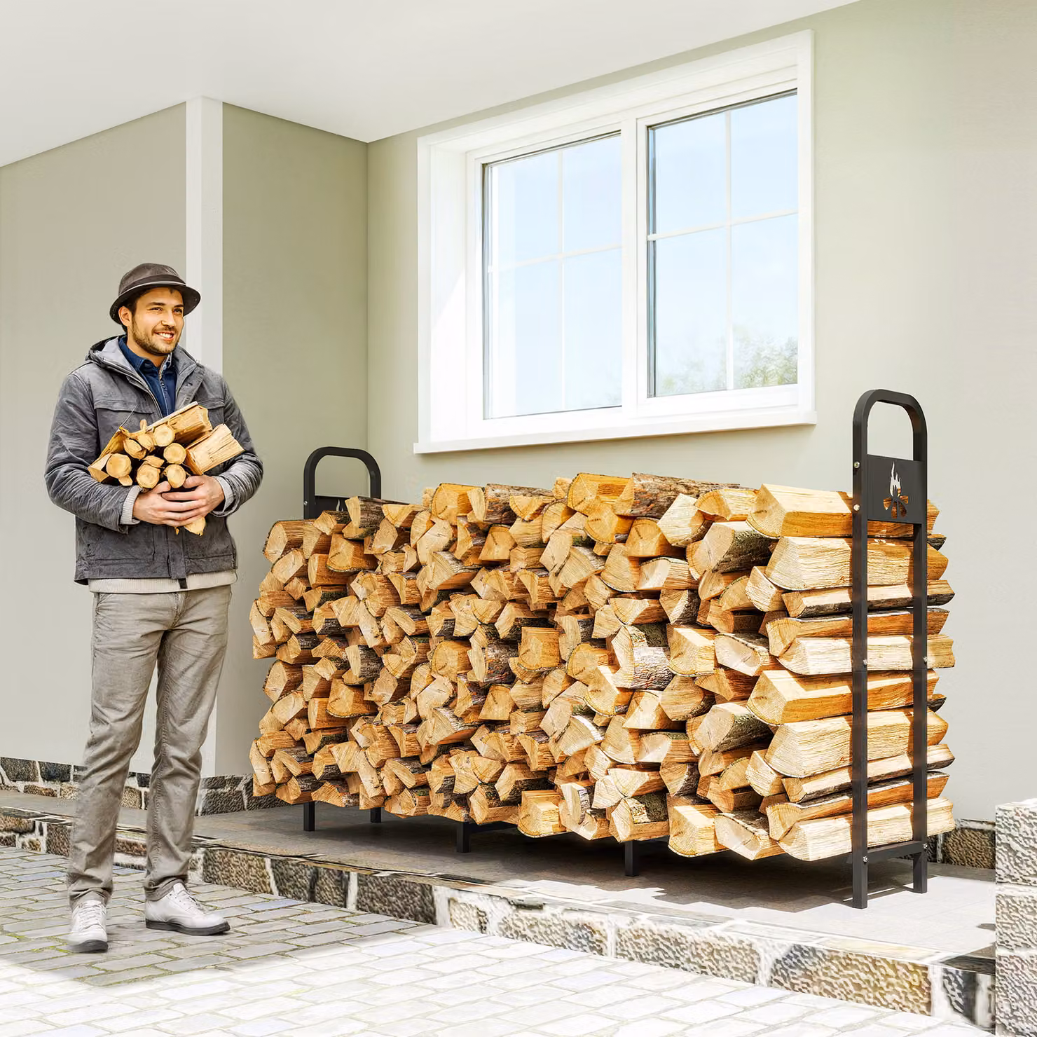 Portabriccia da esterno Outsunny in metallo nero con design a fiamma e piedini rinforzati, portata 300 kg – 2