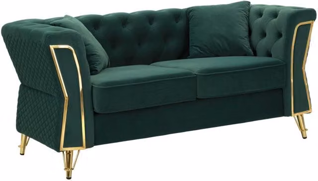 Divano Emy Mauro Ferretti in velluto verde con cuscini L: 162 cm, P: 83 cm, H: 76 cm