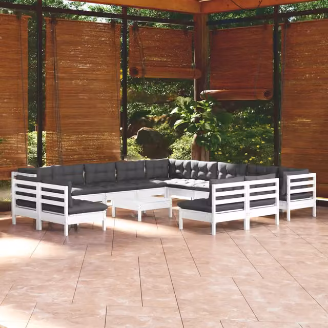 Set di Divani da Giardino a Forma di U vidaXL in Legno di Pino con Cuscini Bianchi e Antracite, 14 Pezzi