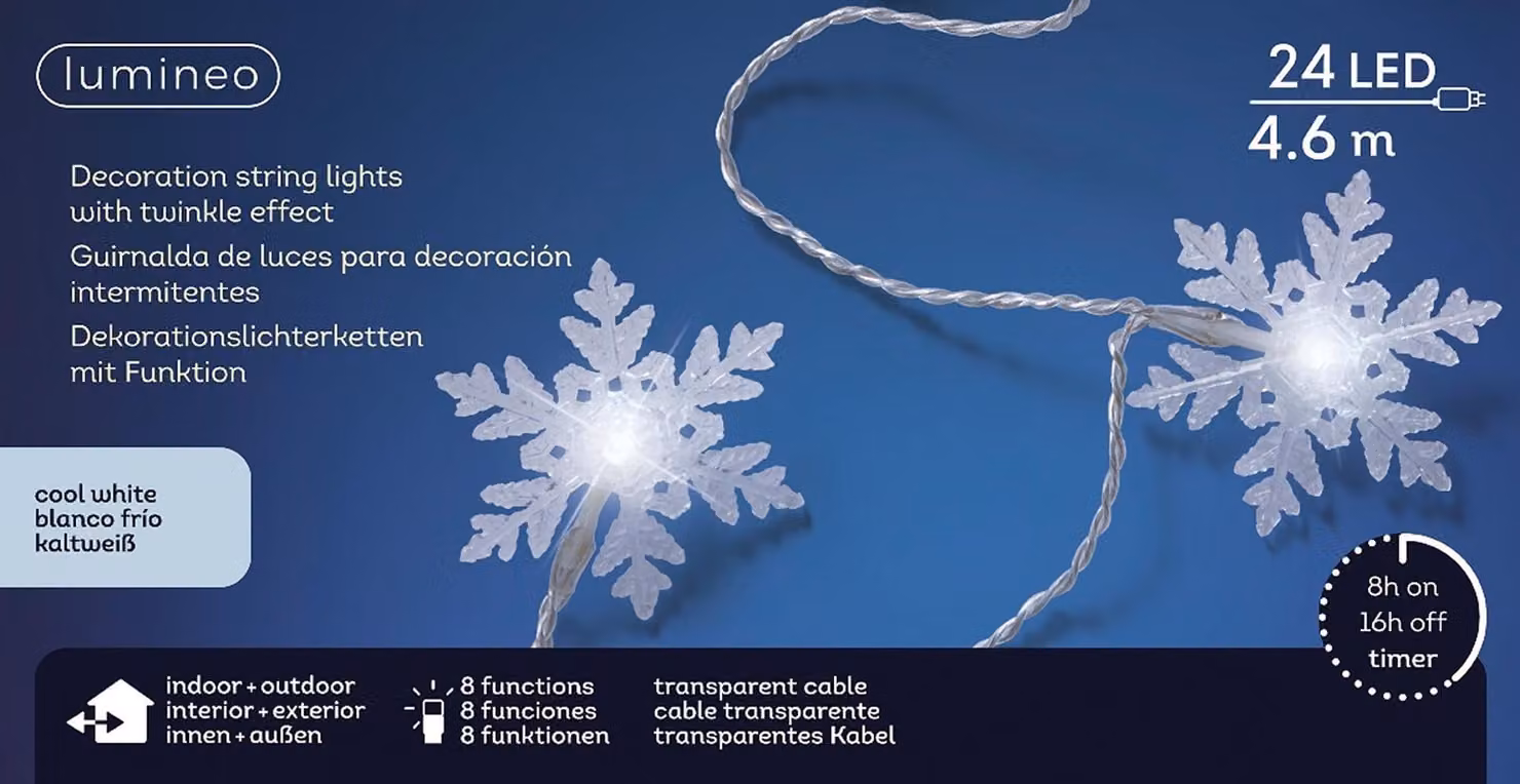 Lumineo fiocco di neve 24 LED 4,6 m bianco freddo, cavo trasparente