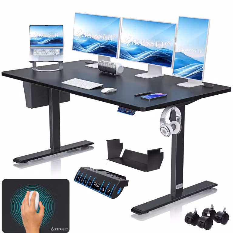 Scrivania regolabile in altezza KESSER®, elettrica, con memoria a 3 posizioni, inclusi rotelle e porta USB