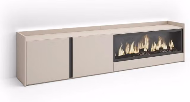 Mobile TV Soggiorno, 212x50x35 cm, Per TV fino a 80", Camino elettrico XXL, LED, Beige