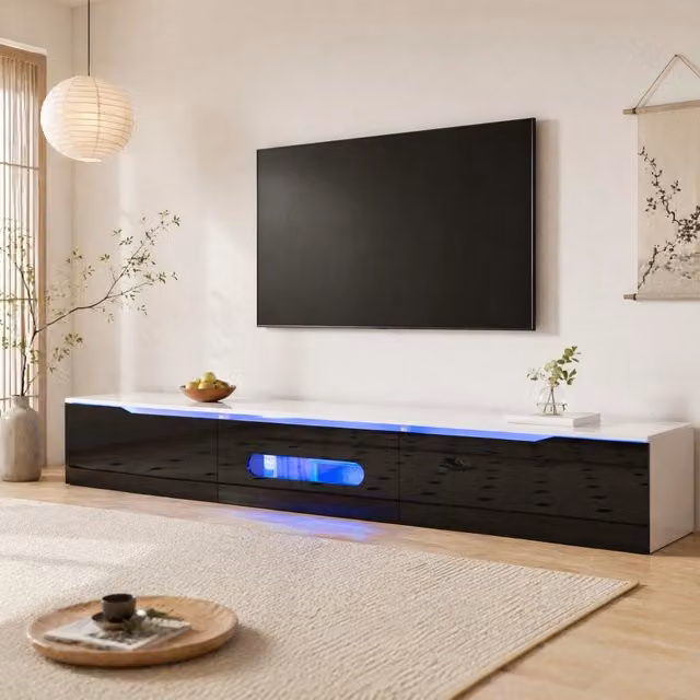MOBILE TV 180x35x30 cm Nero/Bianco MDF e Truciolato con LED da parete o terra