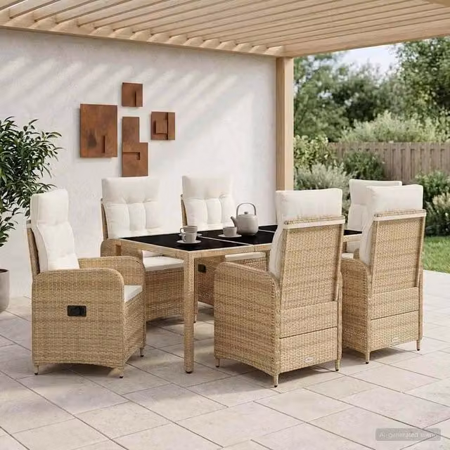 Set da pranzo per esterni vidaXL in polyrattan da 7 pezzi con tavolo rettangolare in vetro, colori beige e bianco