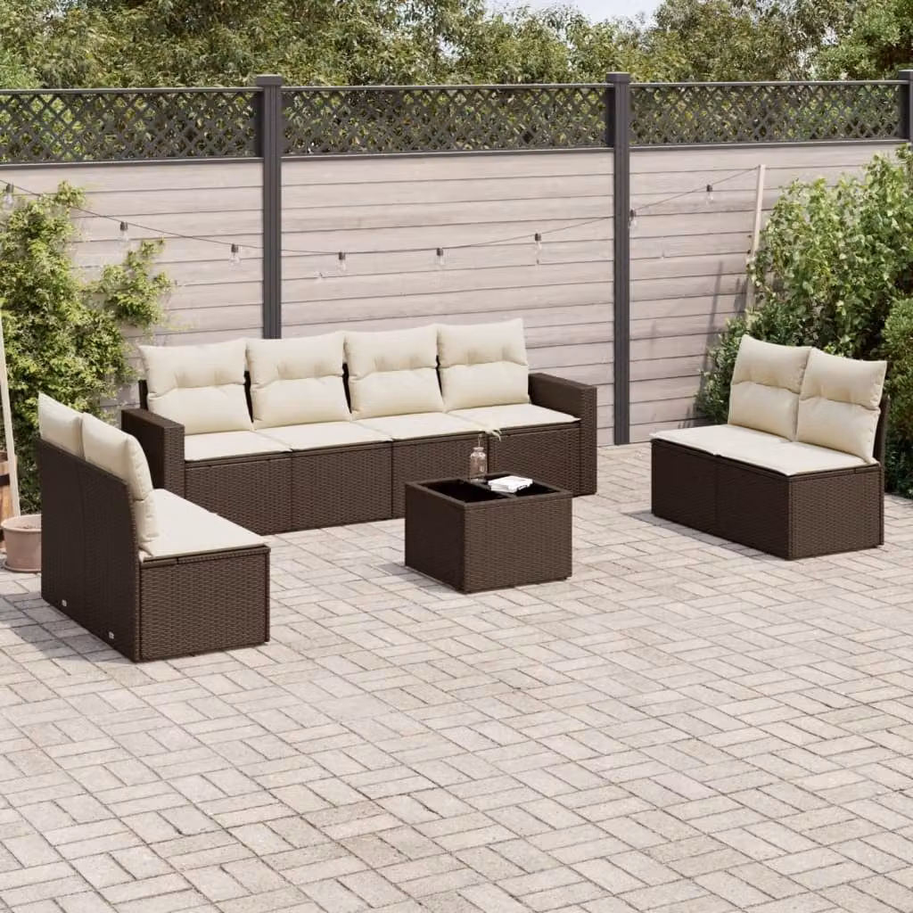 Set di divani da giardino vidaXL in polyrattan marrone con cuscini e tavolino da esterno a forma di U – 1