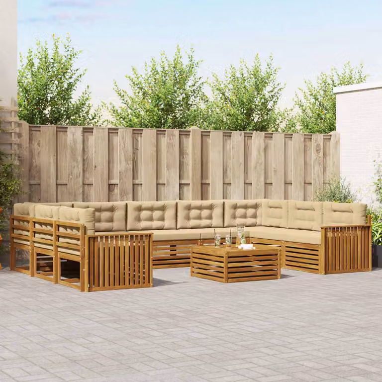 Set di divani da esterno vidaXL in legno di acacia con cuscini, composizione a L con tavolino, colore marrone e beige