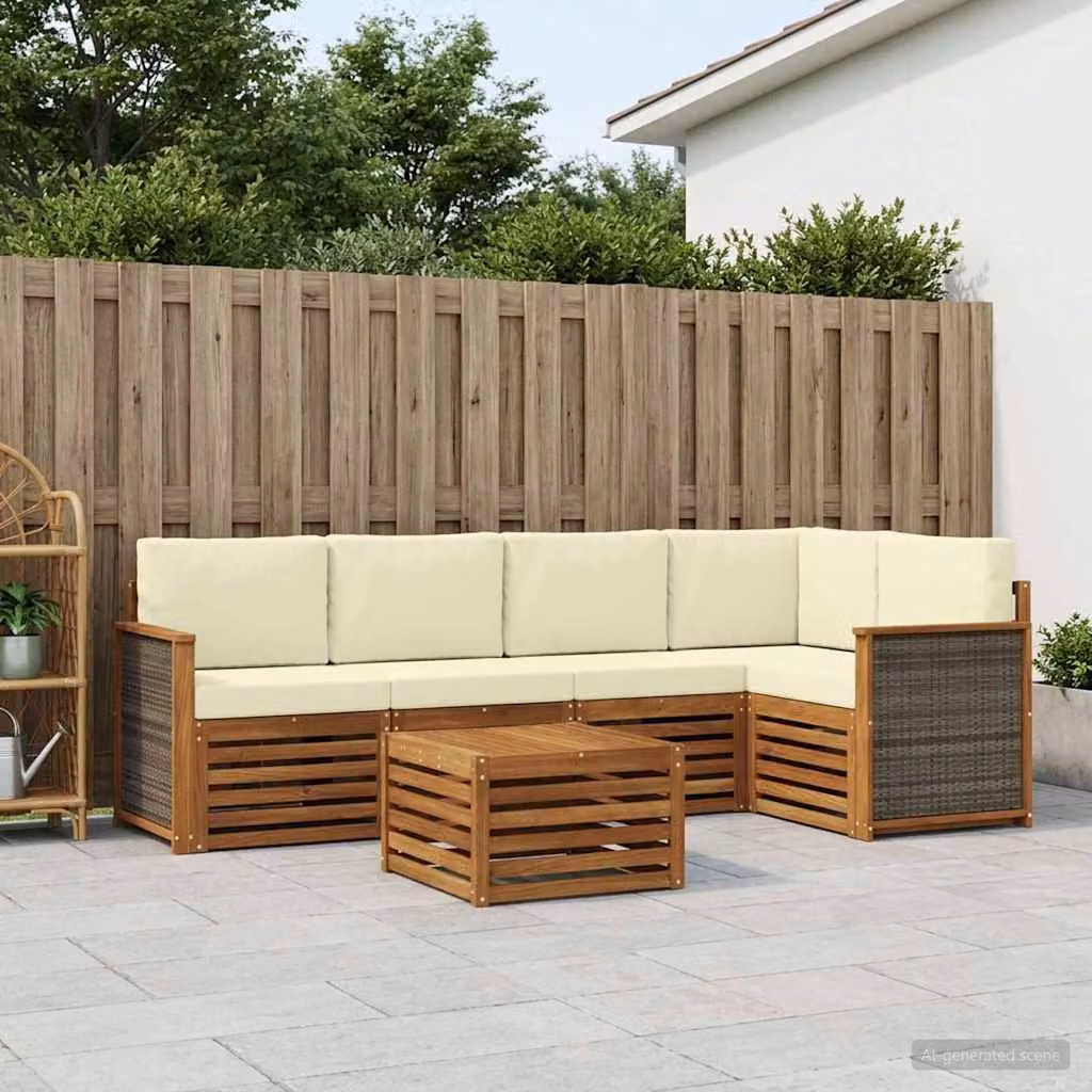 Set di divani da esterno vidaXL a forma di L composto da 6 pezzi in legno di acacia con cuscini beige e bianchi e tavolino da caffè per giardino e terrazza