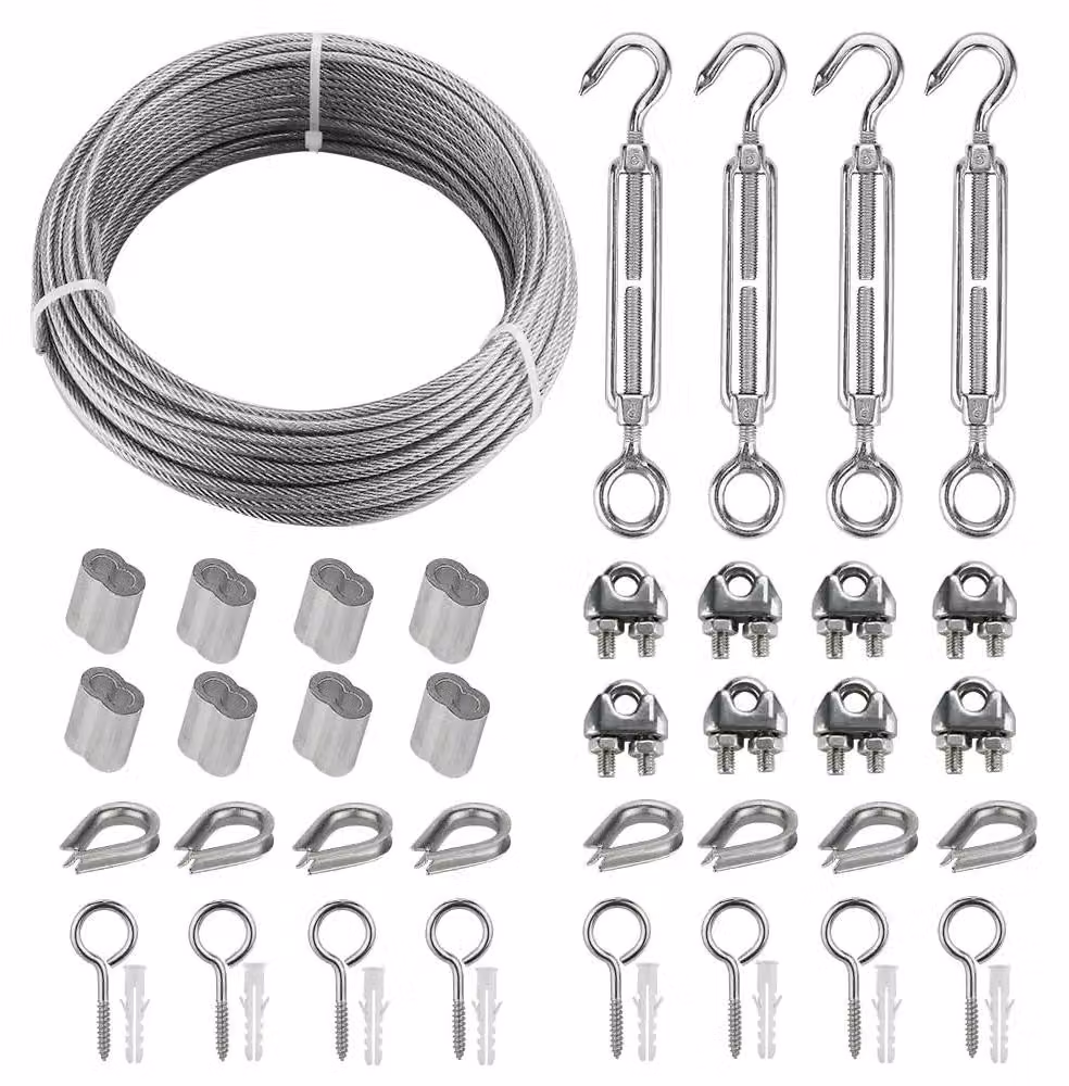 Kit per fune di acciaio – 30 metri – rivestita in PVC – acciaio inossidabile 304 – tenditori – manicotti di serraggio – anelli